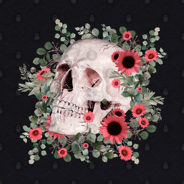 Skull and pink daisy, sugar skull and flowers by Collagedream